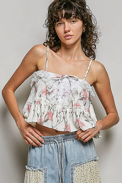 Lace Ruffles Ribbon Tie Cropped Floral Sleeveless Top