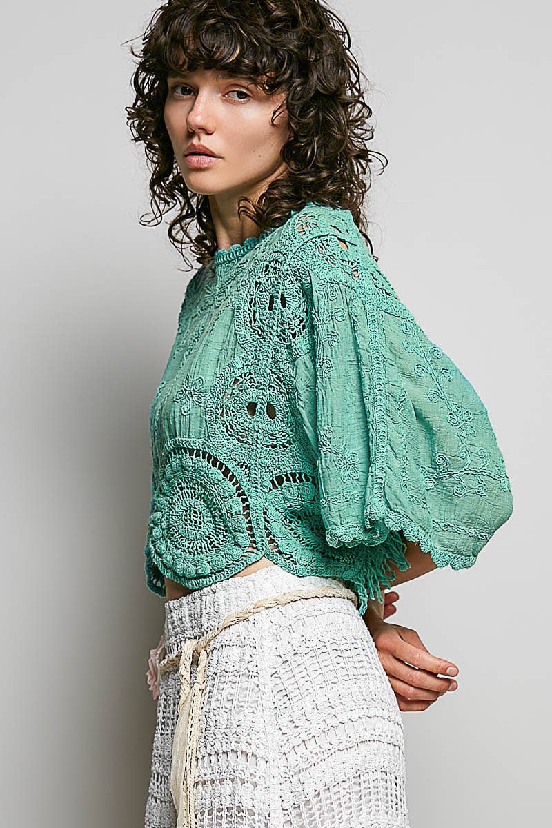 Scalloped knitted border Round Neck Crochet 3/4 Sleeve Top