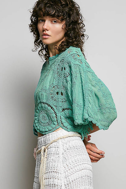 Scalloped knitted border Round Neck Crochet 3/4 Sleeve Top