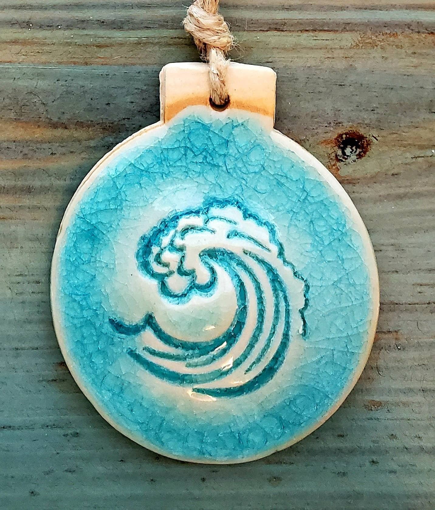 Teal Wave Ceramic Handmade Ornament