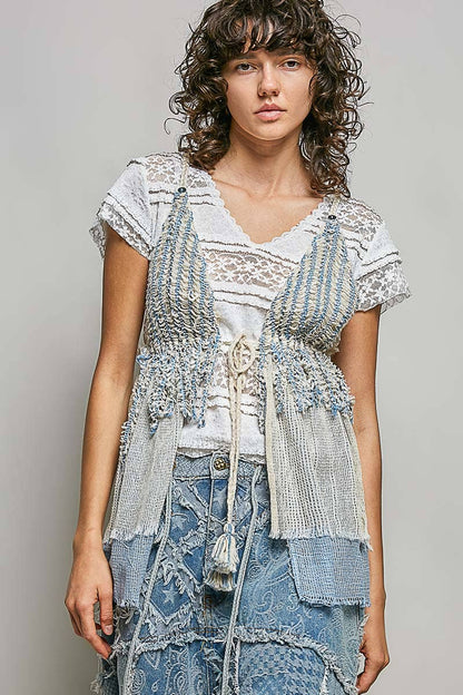 Stripe Loop Point Ruffle V-Neck Crochet Bra Top Sleeveless