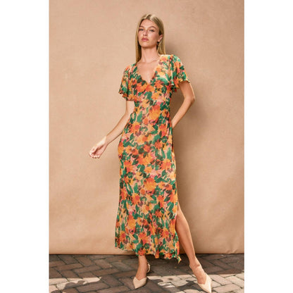 Tropical Spice Flutter Sleeve Maxi Dress