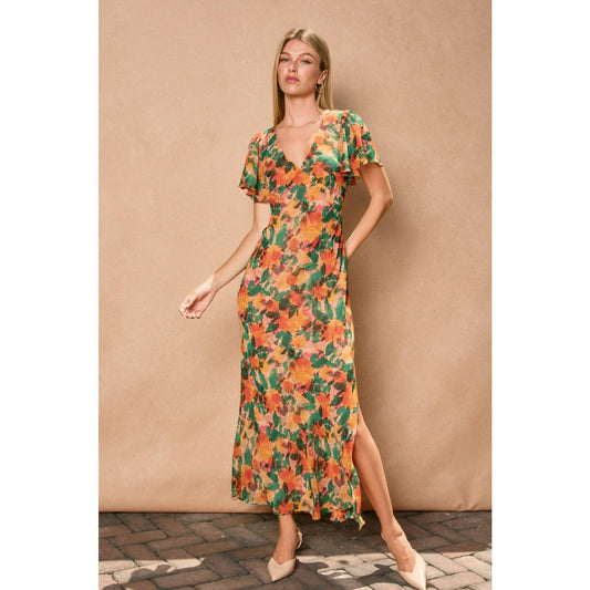 Tropical Spice Flutter Sleeve Maxi Dress