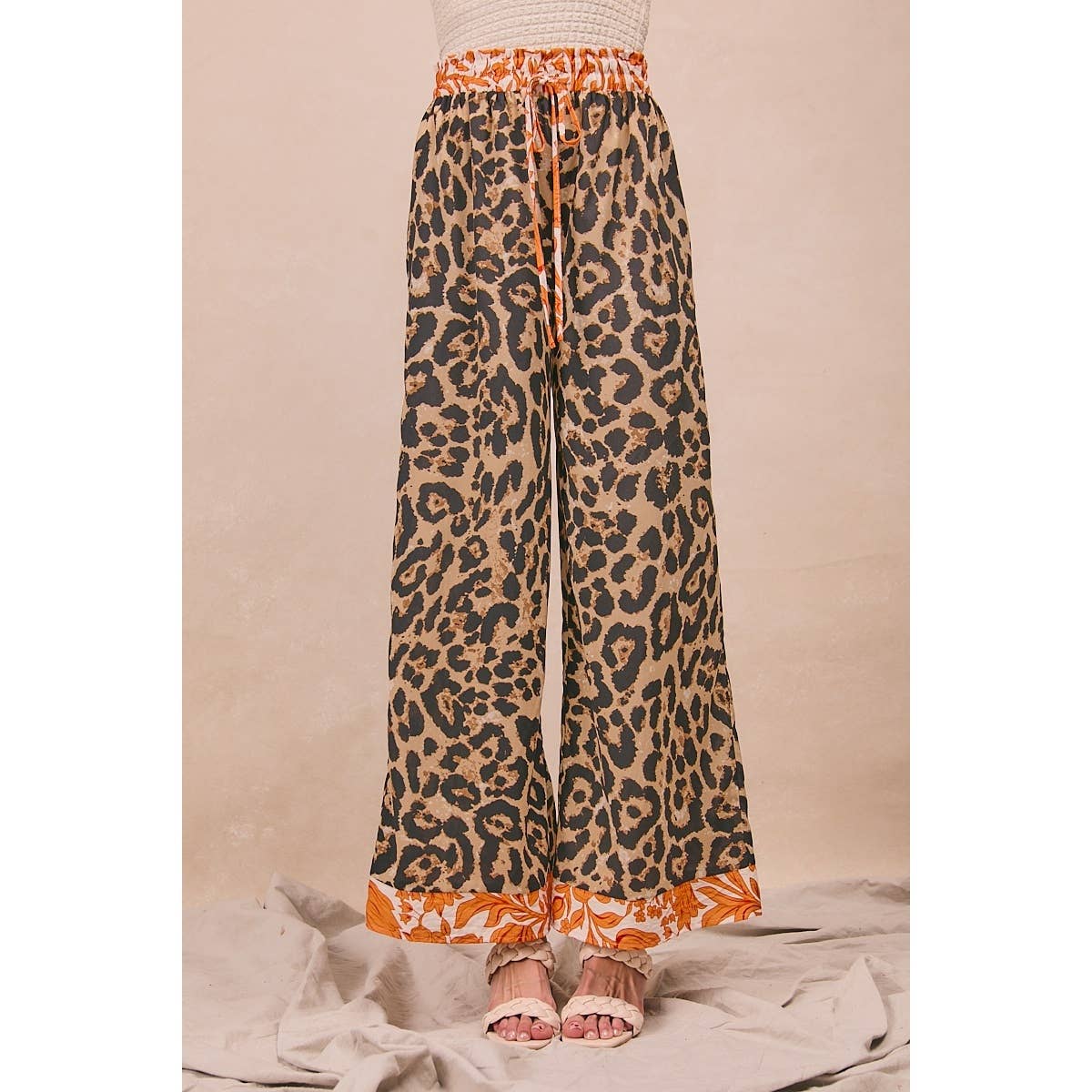 LEOPARD PRINT WITH CONTRAST BANDED WIDE PANTS