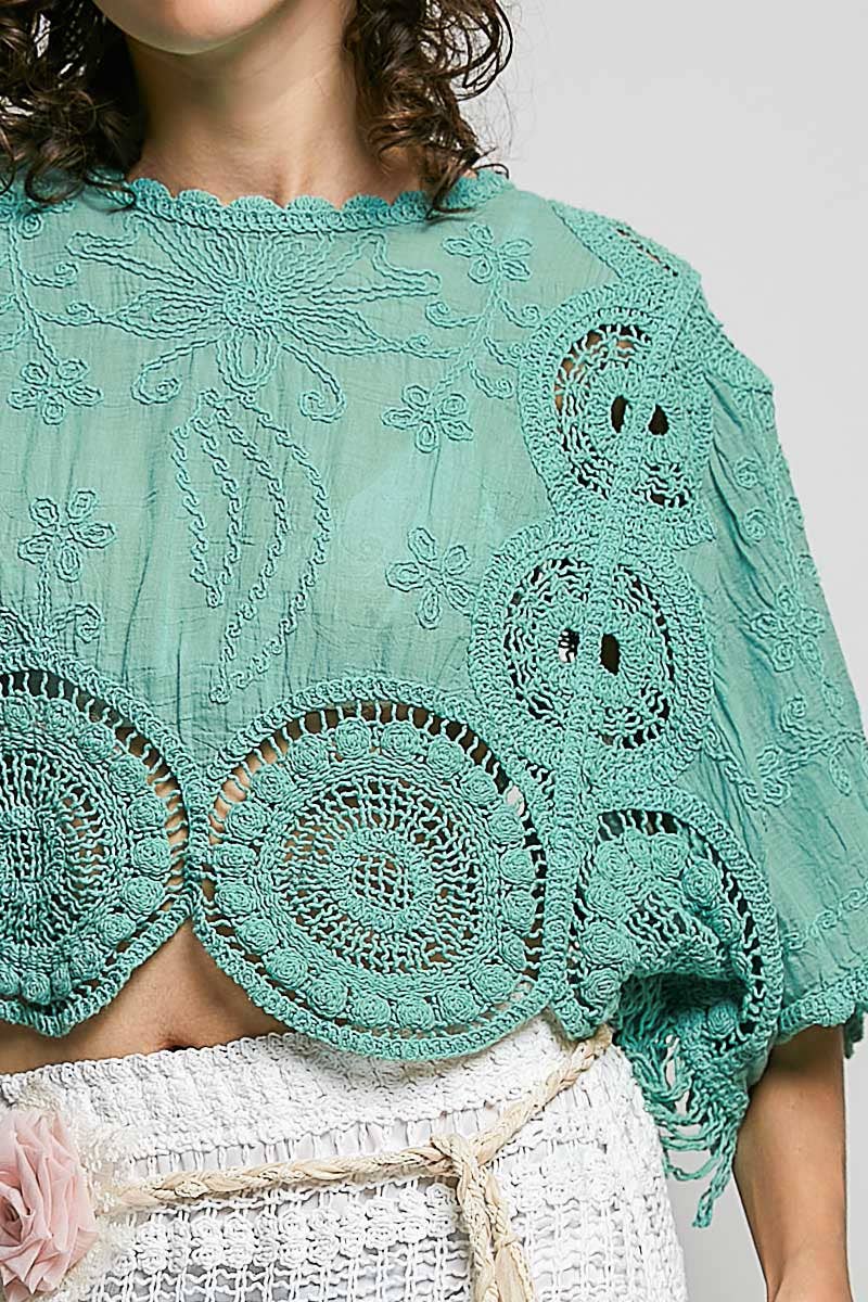 Scalloped knitted border Round Neck Crochet 3/4 Sleeve Top