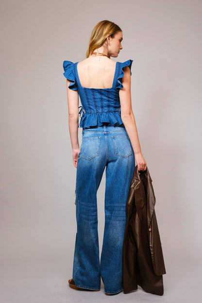 Embroidered Ruffle Sleeve Denim Corset