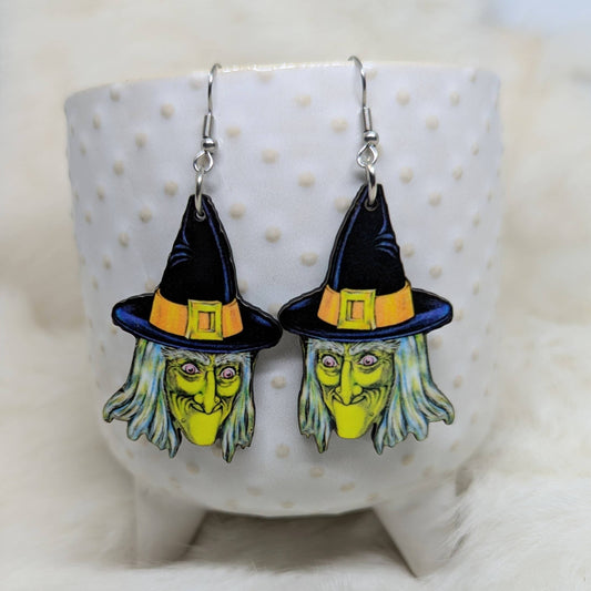 Double Sided Green Witch Halloween Earrings