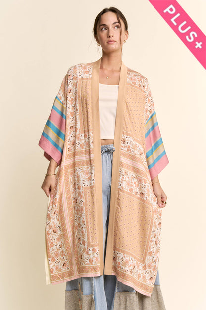 PLUS GARDEN WHIMSY CAT PRINTED BACK KIMONO DUSTER