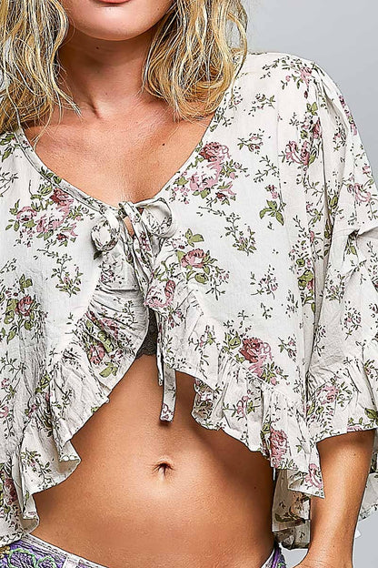 Lightweight Tie Neckline Floral Ruffle Woven Cropped Top