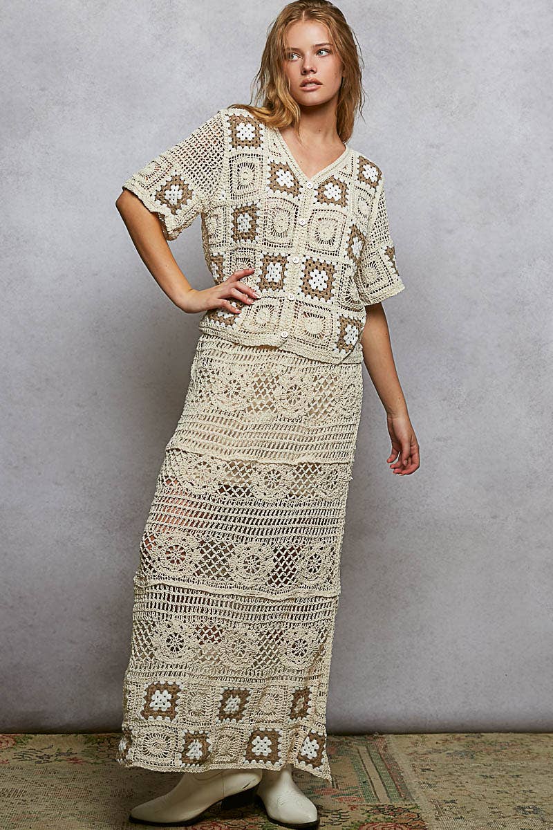 Granny Square Weave Ruffle Waistband Crochet Maxi Skirt