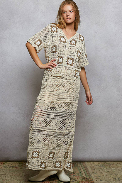 Granny Square Weave Ruffle Waistband Crochet Maxi Skirt