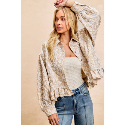 TEXTURED FLORAL PATTERN RUFFLED HEM SHIRT TOP
