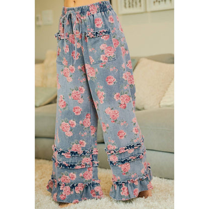 WASHED FLORAL DENIM WITH RUFFLE ELASTIC WIDE PANTS