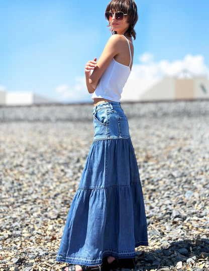 Tiered Denim Maxi Skirt