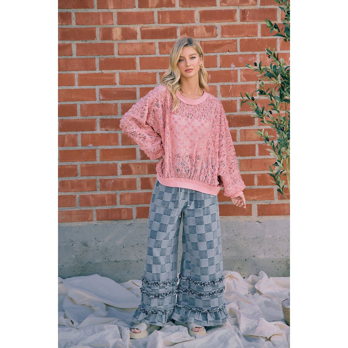 WASHED CHECKERBOARD DENIM RUFFLED DETAIL PANTS
