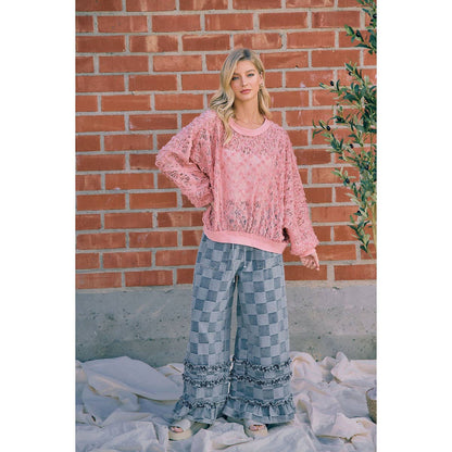 WASHED CHECKERBOARD DENIM RUFFLED DETAIL PANTS