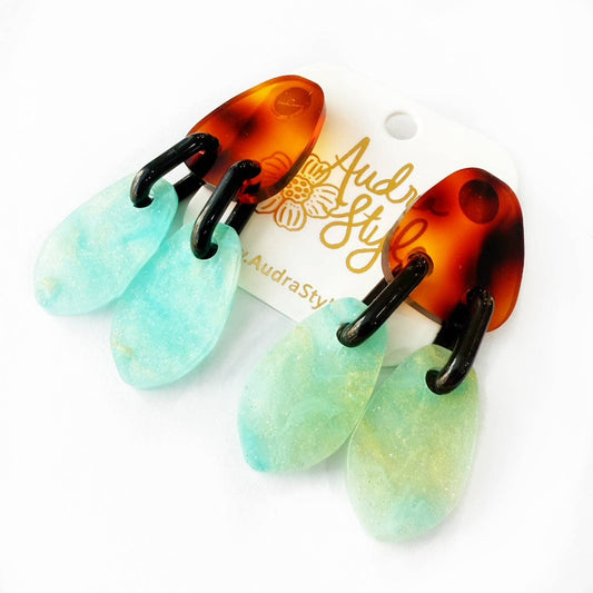 Amelia Dangle Spring Summer Geometric Statement Earring - Tortoise Turquoise Sparkle