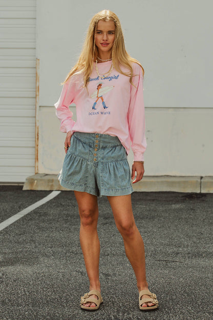 Light Wash Button Fly Gathered Denim Shorts