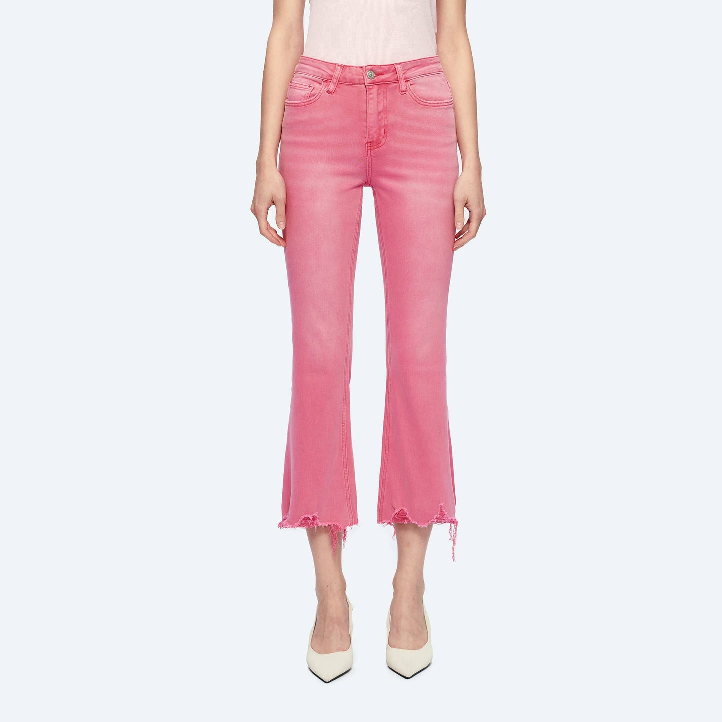 PINK MID RISE CROP FLARE TWILL PANTS WITH FRAYED HEM