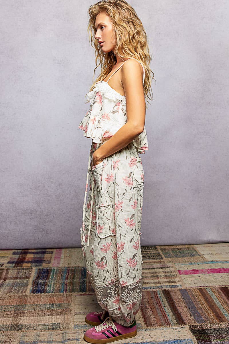 Lace Ruffles Ribbon Tie Cropped Floral Sleeveless Top