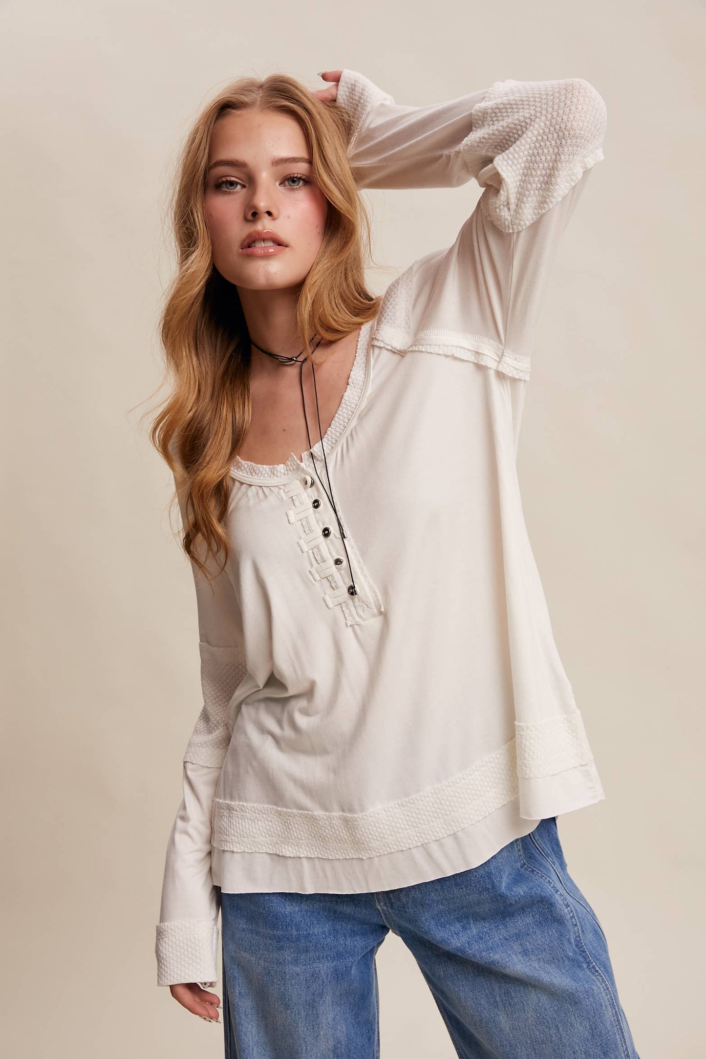 Textured Panel Button Henley Top