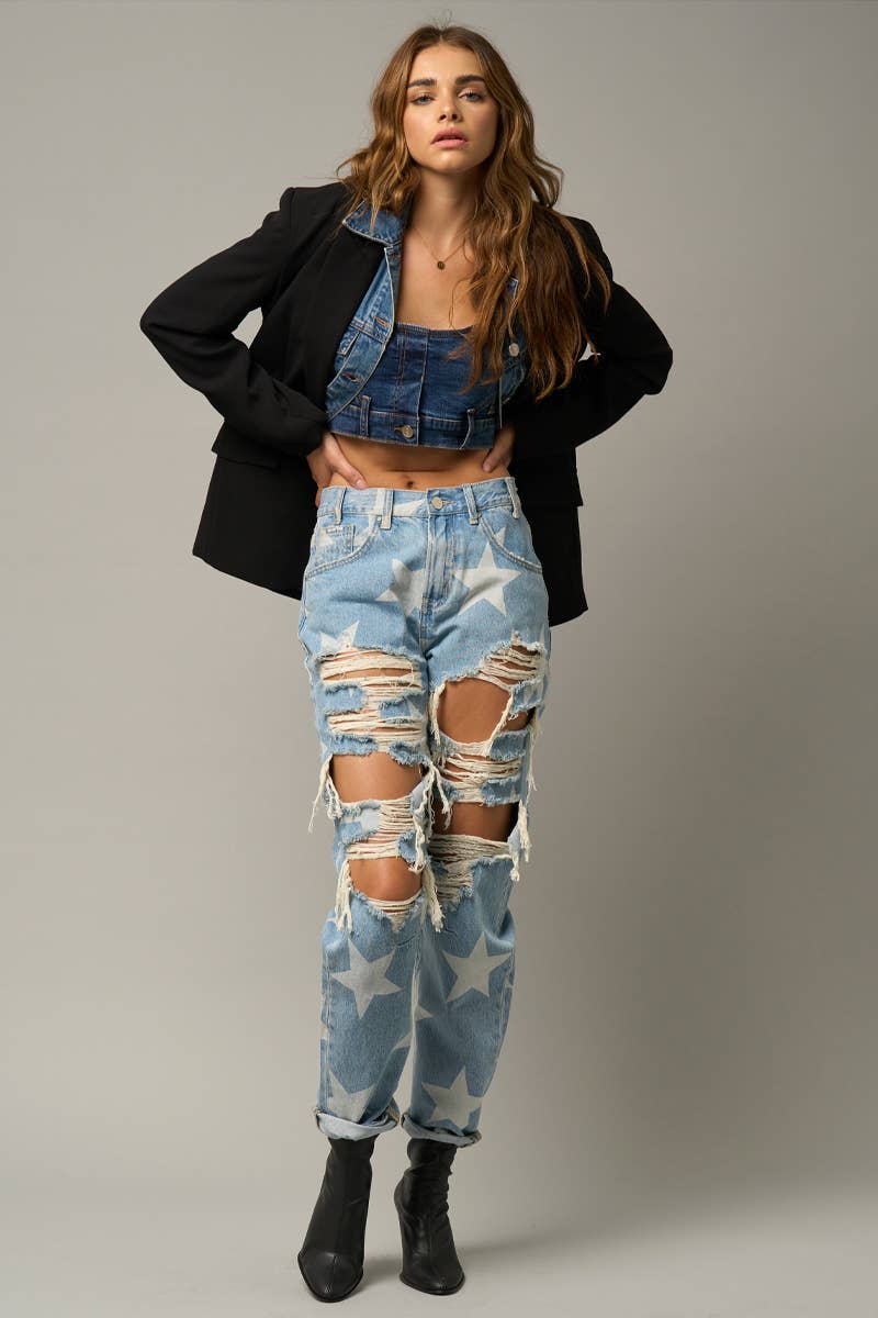 High Rise Ripped Star Print Slouch Jeans