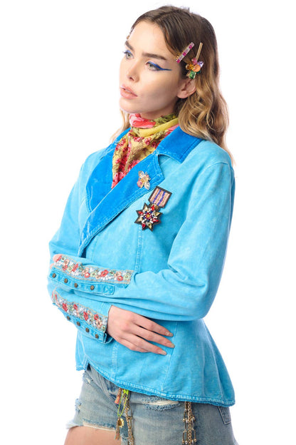 Vintage Teal Colonel French Terry Knitted Jacket - Blazer