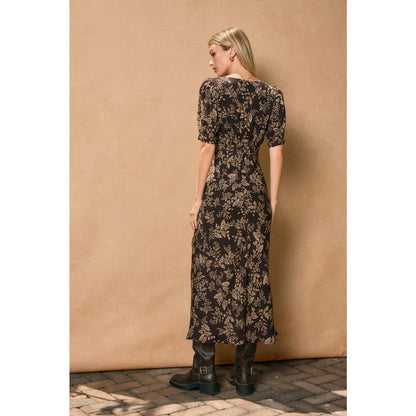 Brown Butter Puff Sleeve V Neck Dress
