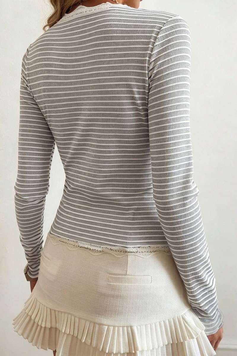 Striped Lace Trim Button Front Cardigan Top