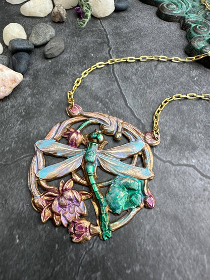 Dragonfly Pendant Necklace, Iridescent Patina Brass, Art Nou