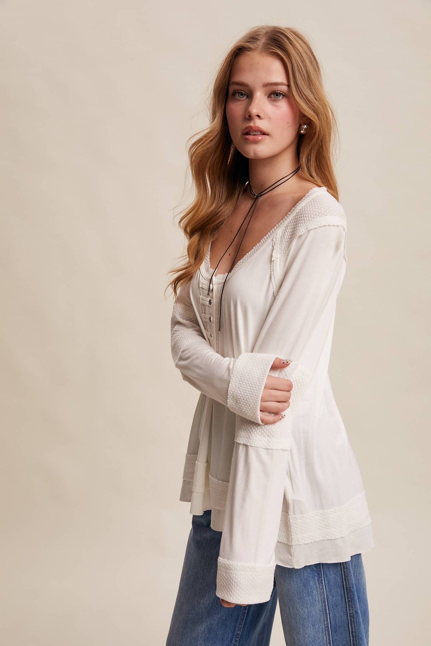 Textured Panel Button Henley Top
