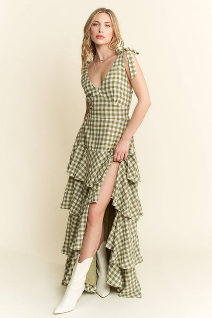 GREEN GINGHAM TIERED MAXI DRESS