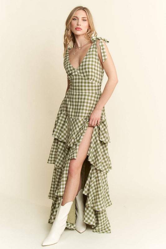 GREEN GINGHAM TIERED MAXI DRESS
