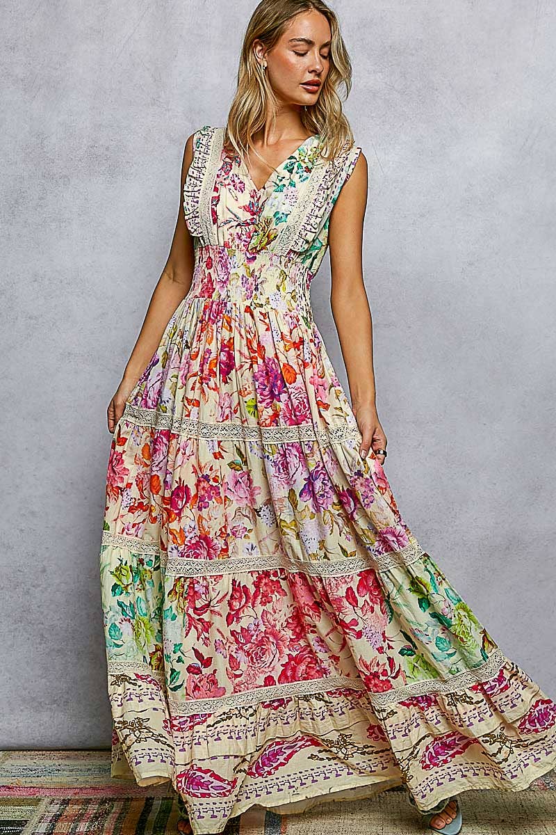 Smocked Waist Ruffle Floral Maxi Dress