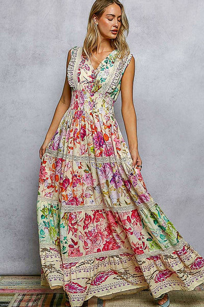 Smocked Waist Ruffle Floral Maxi Dress