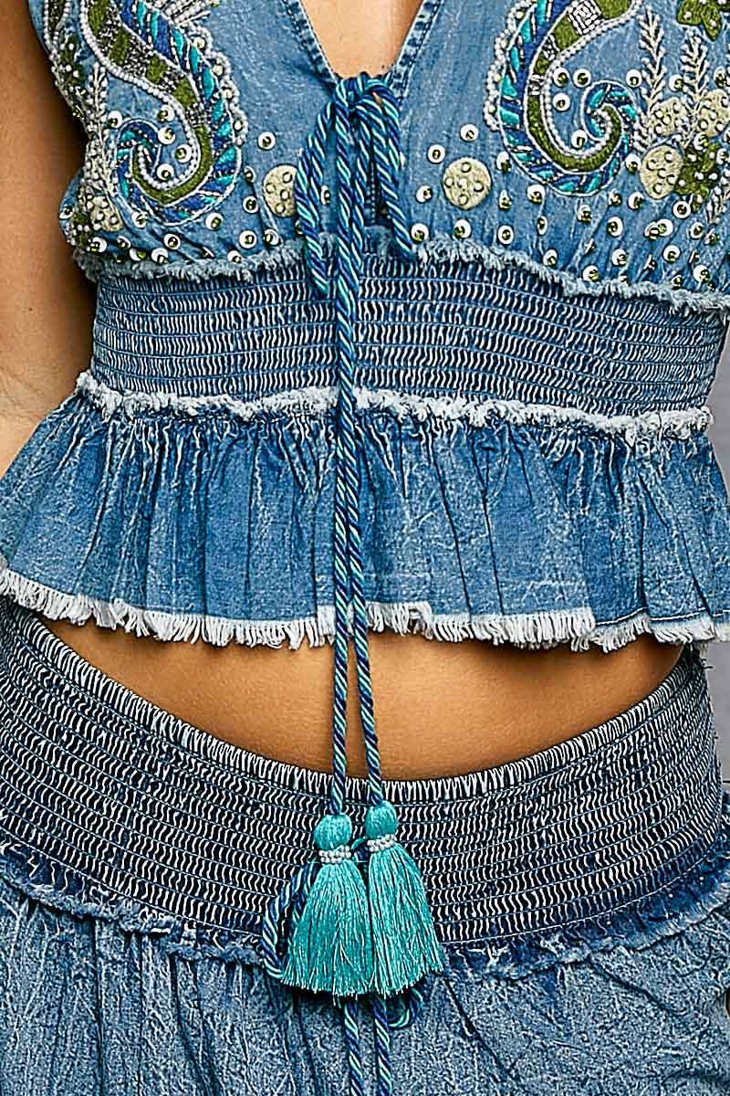 V-Neck Embroidered Seahorse Smocked Waist Denim Sleeveless Top