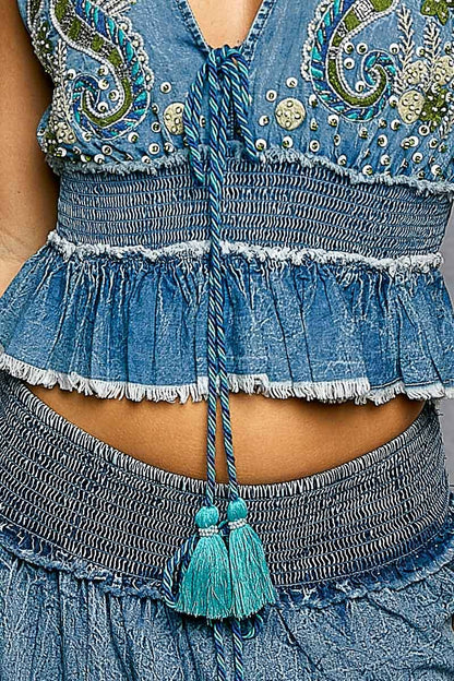 V-Neck Embroidered Seahorse Smocked Waist Denim Sleeveless Top