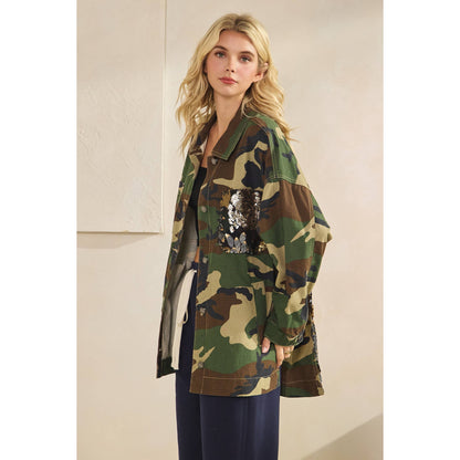 Camo Jacket with Floral Mesh Sequins Contrast