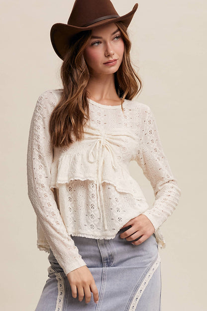 Stretch Lace Tiered Blouse with Drawstring Detail