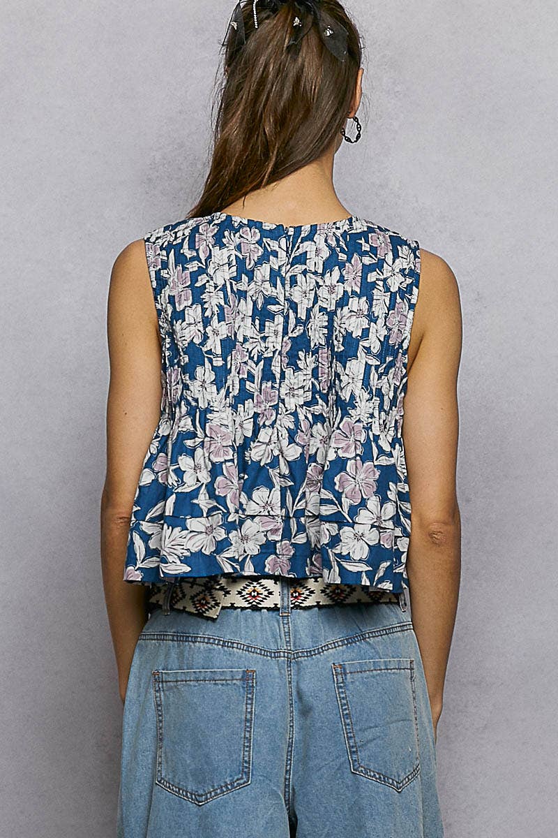 Pintuck Floral Tank Top