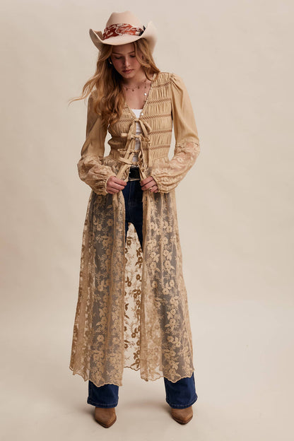 Lace-Up Embroidered Maxi Kimono