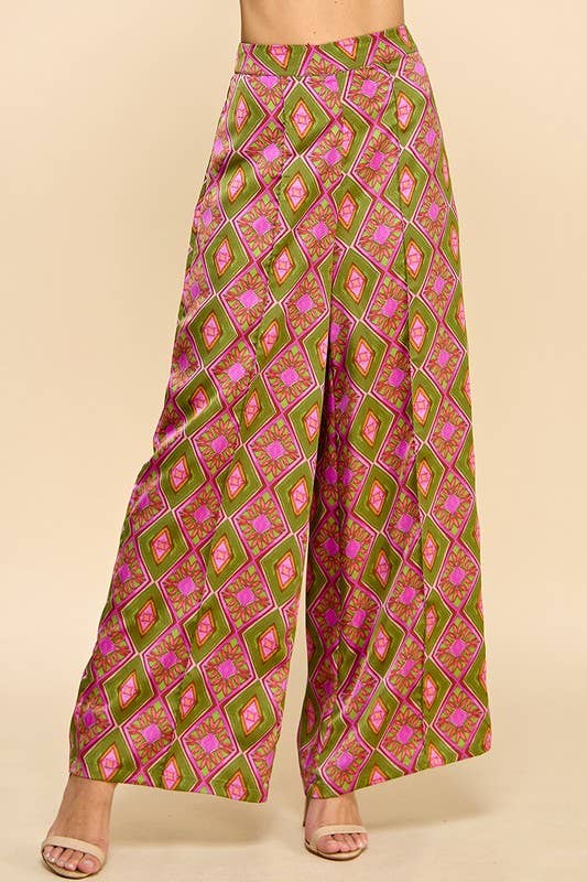 Green and Fuschia Abstract Print Pants