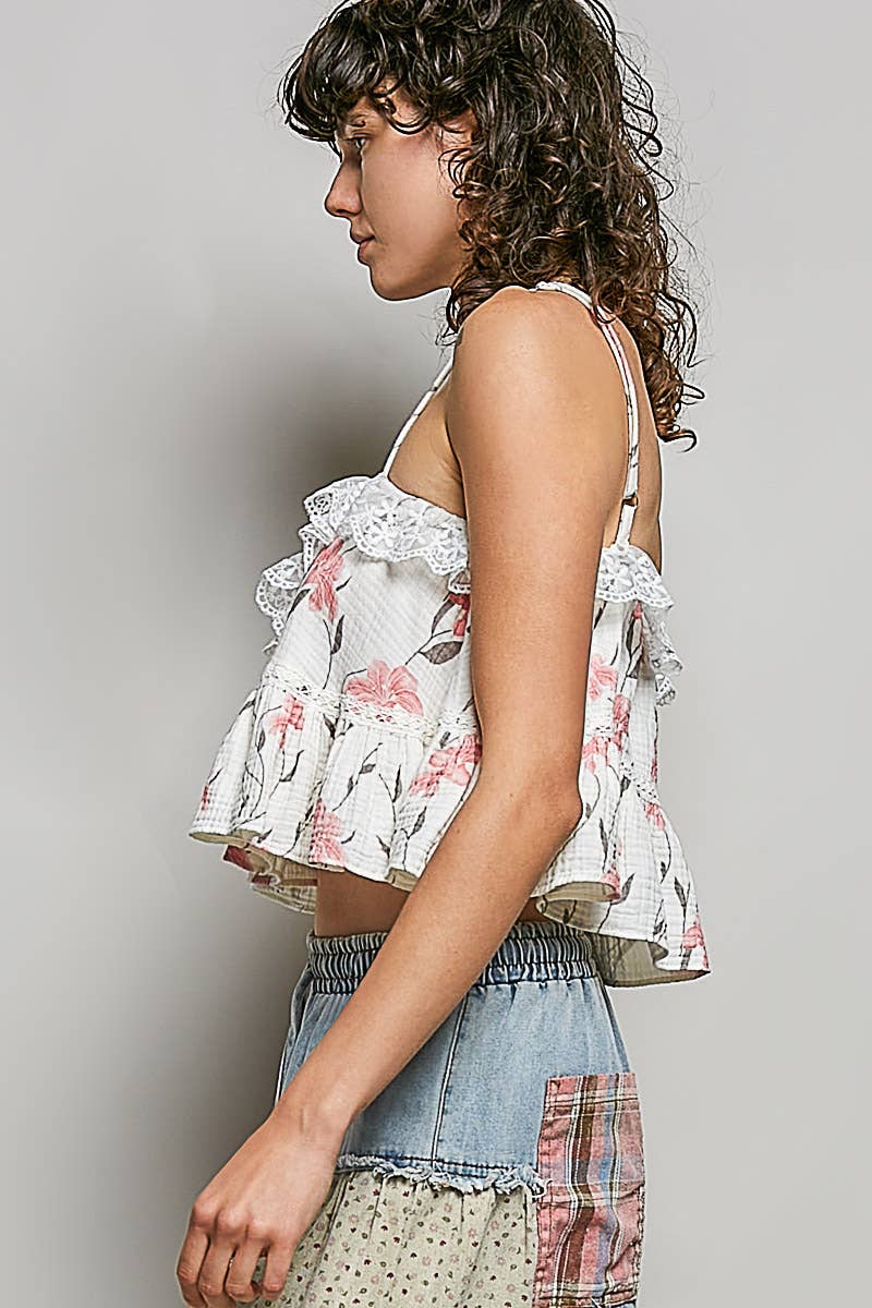 Lace Ruffles Ribbon Tie Cropped Floral Sleeveless Top