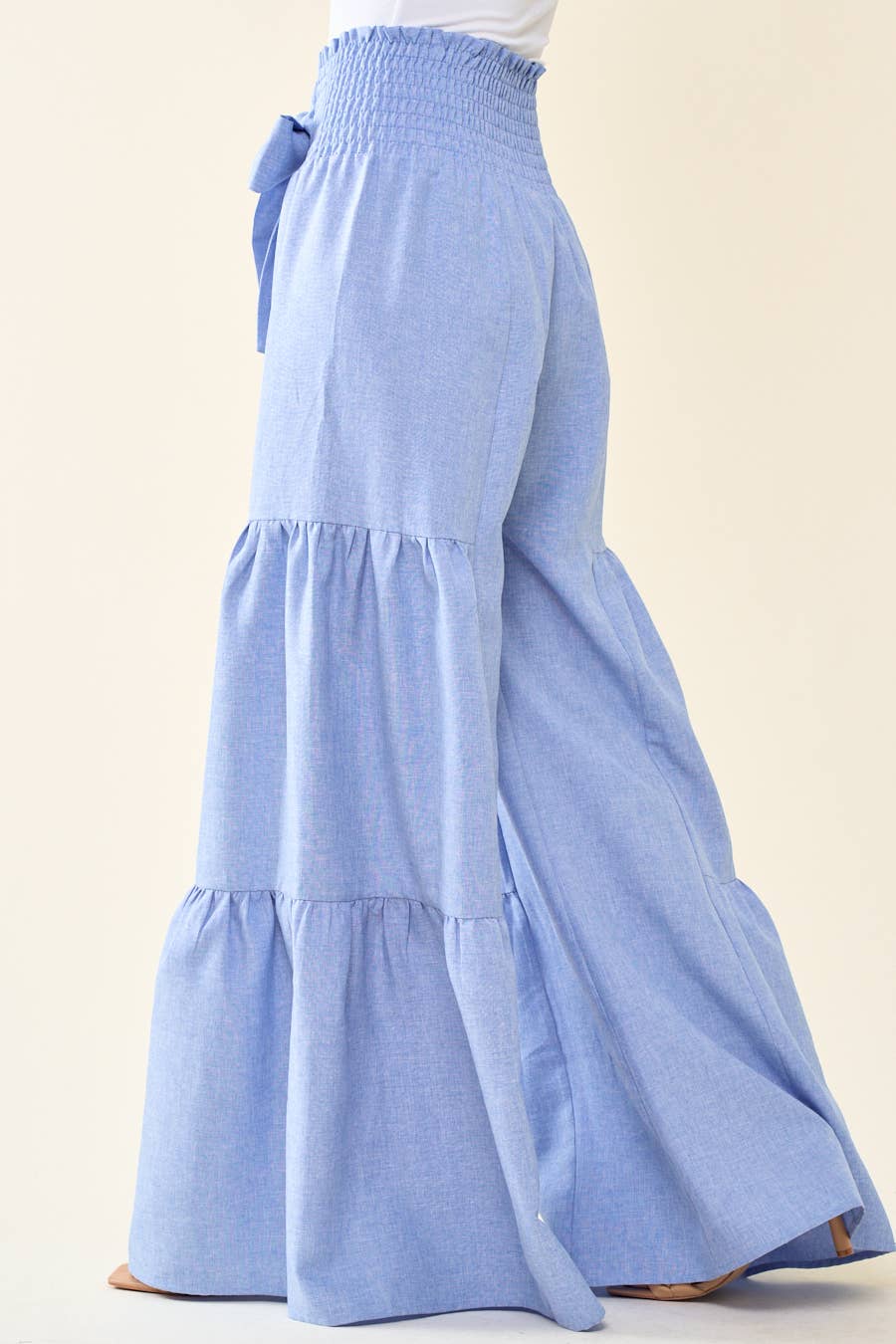 DENIM SMOCKING WAIST TIER WIDE PANTS