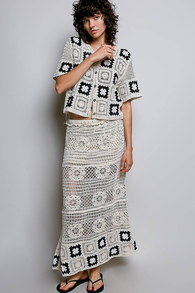 Granny Square Weave Ruffle Waistband Crochet Maxi Skirt