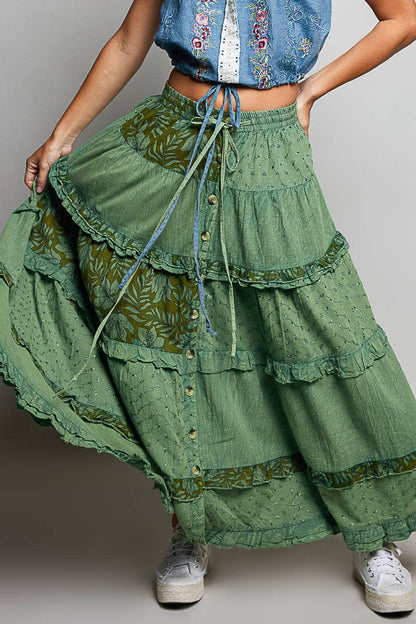 Boho Tie Waistband Patchwork Tiered Ruffle Maxi Skirt