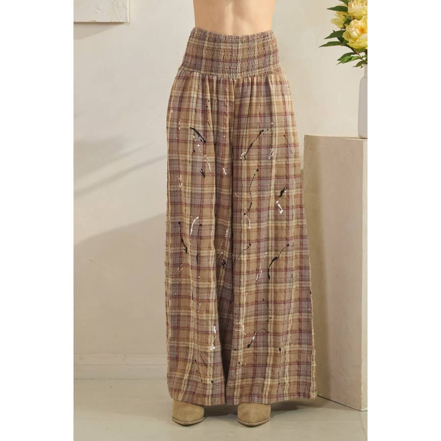 WASHED PLAID SMOCKED WAIST WIDE LEG PANTS