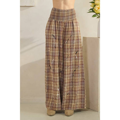 WASHED PLAID SMOCKED WAIST WIDE LEG PANTS