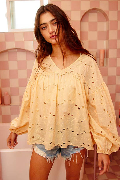 Puff Sleeve Eyelet Lace Babydoll Tunic Top