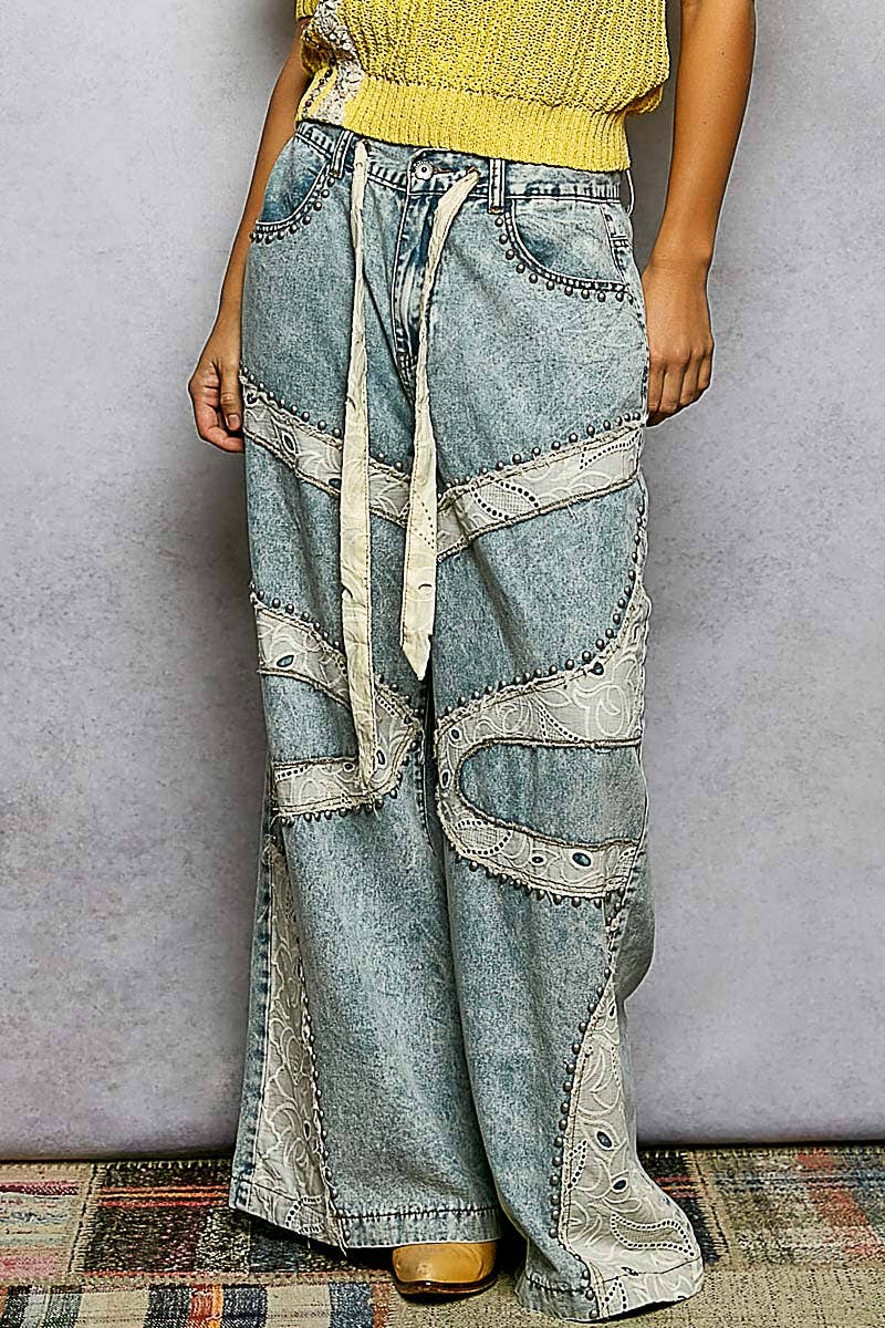 Stud Eyelet Lace Patch Wide Leg Pants